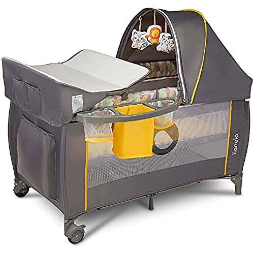 Lionelo Sven Plus 2en1 Cuna de viaje y parque de bebés 125 x 65 x 77 cm 0-36M Para niños hasta 15 kg Función de cambiador Mosquitero Apertura lateral con cremallera Ajuste de altura Gris y amarillo