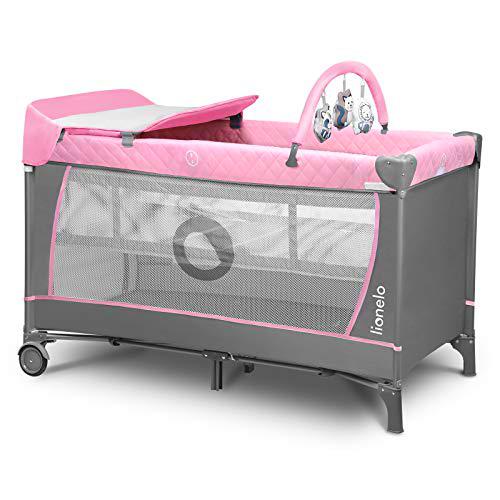 Lionelo Flower Camita de viaje 2 en 1 65 x 125 x 76 cm Para niños hasta 15 kg Colchón Organizador Cambiador Toy bar Juguetes interactivos 2 Reudas Compacta Bolsa para transportar Rosa y Gris