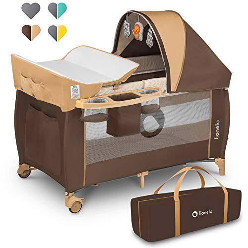 Lionelo Sven Plus 2en1 Cuna de viaje y parque de bebés 125 x 65 x 77 cm 0-36M Para niños hasta 15 kg Función de cambiador Mosquitero Apertura lateral con cremallera Ajuste de altura Beige y marrón