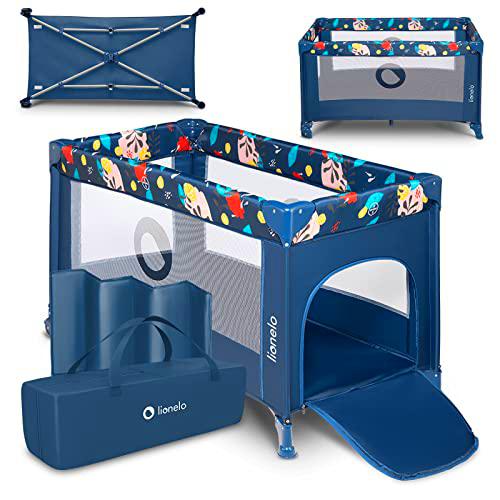 LIONELO Stefi Cuna Bebe Parque Infantil Bebe Apertura Lateral colchoneta protección contra el Plegado LockGuard Lados de Tela de Malla Bolso de Transporte (Azul Oscuro)