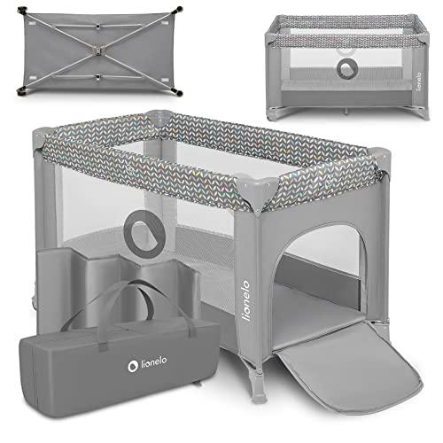 LIONELO Stefi cuna bebe parque infantil bebe apertura lateral colchoneta protección contra el plegado LockGuard lados de tela de malla bolso de transporte (Gris)