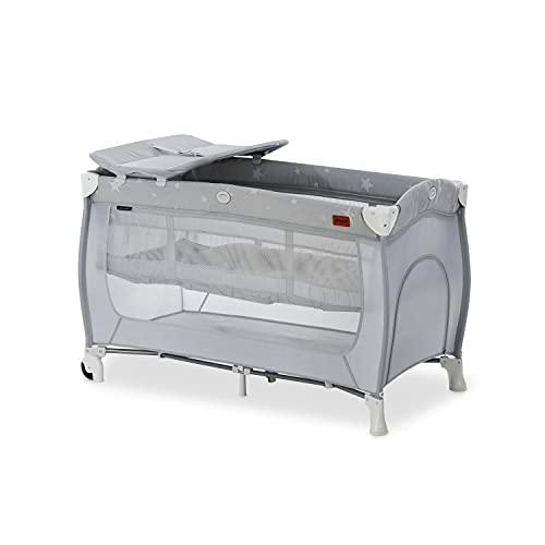 Hauck Cuna de Viaje Sleep N Play Center / de Nacimiento hasta 15 kg / 120 x 60 cm / Doble Altura / Cambiador / Ruedas / Entrada Lateral / Plegable / Bolsa de Transporte / Stars Gris