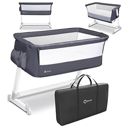 LIONELO Theo Plus Camita Para niños hasta 9 kg 5 Regulación gradual de la altura 2 Ruedas para desplazar Organizador Mosquitera Bolsa para transportar Gris oscuro