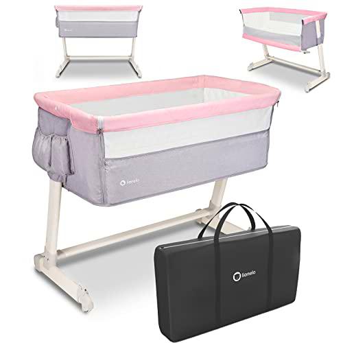 LIONELO Theo Plus Camita para niños hasta 9 kg 5 Regulación Gradual de la Altura 2 Ruedas para desplazar Organizador Mosquitera Bolsa para Transportar Gris y Rosa