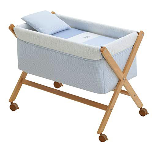 Cambrass - Minicuna Tijera Madera Vichy10 Celeste/Natural 55x87x74 cm