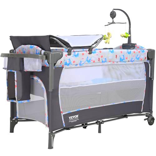 VEVOR Cama para Bebé Carga de 35 kg Cuna de Colecho Plegable Cama Sombrilla con Cambiador Ruedas Mosquitera Transpirable Juguetes Cama Supletoria con Apertura Lateral con Accesorios para Recién Nacido