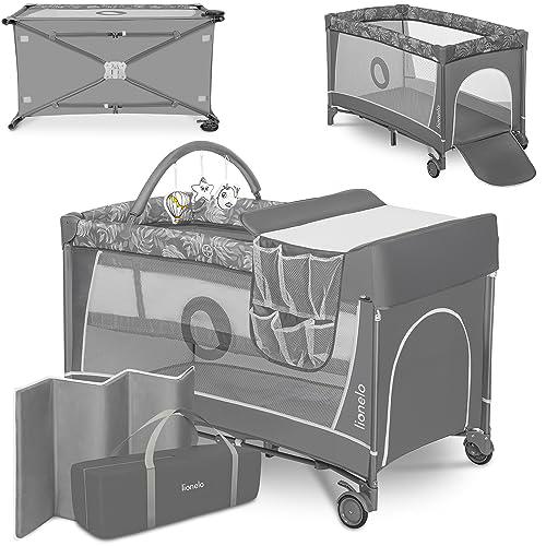 Lionelo Flower Camita de viaje 2 en 1 65 x 125 x 76 cm Para niños hasta 15 kg Colchón Organizador Cambiador Toy bar Juguetes interactivos 2 Reudas Compacta Bolsa para transportar (Gris II)