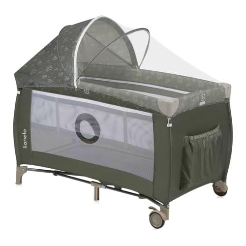 LIONELO Sven Plus 2en1 Cuna de viaje y parque de bebés 0-36M Para niños hasta 15 kg Función de cambiador Mosquitero Apertura lateral con cremallera Ajuste de altura Gris y turquesa (Beige Oliva)